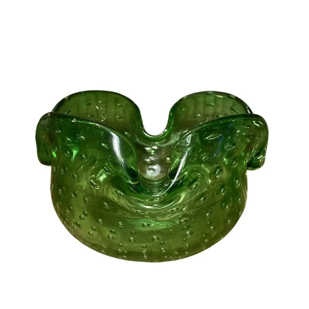 Vintage Italian Bullicante Art Glass Ashtray Murano Style Green Bowl 4.125